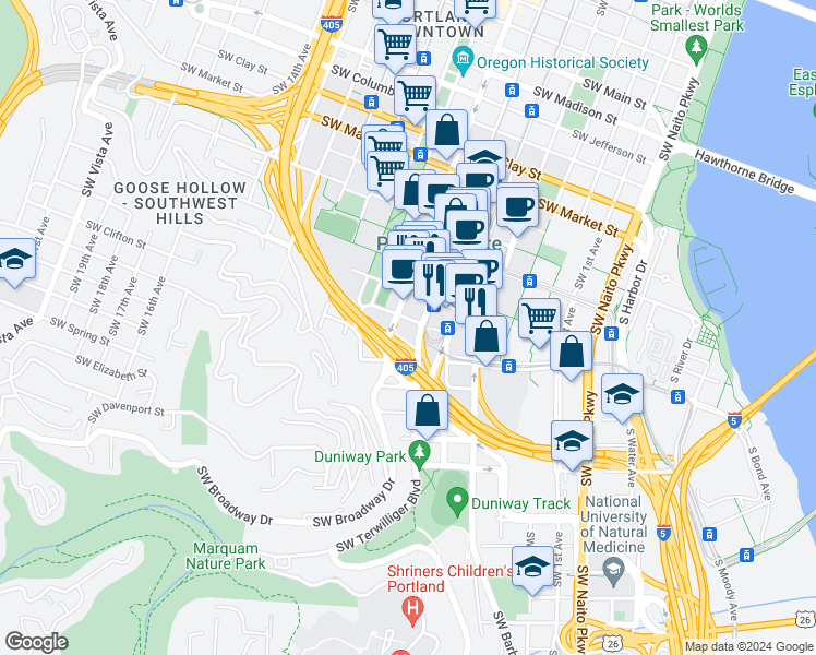 map of restaurants, bars, coffee shops, grocery stores, and more near in Portland