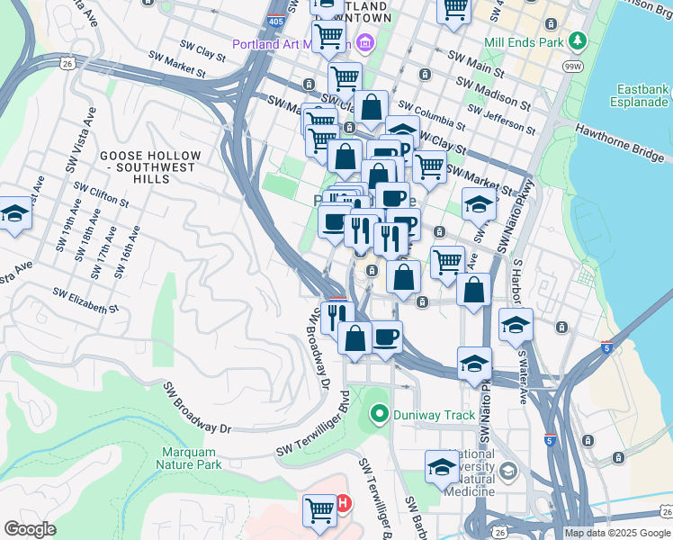 map of restaurants, bars, coffee shops, grocery stores, and more near in Portland