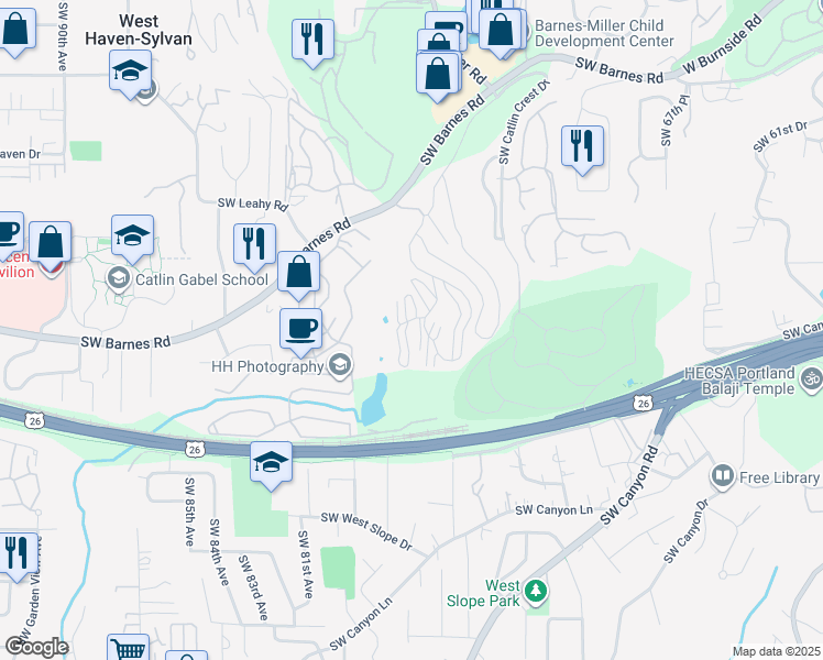 map of restaurants, bars, coffee shops, grocery stores, and more near 7734 Southwest Barnes Road in Portland
