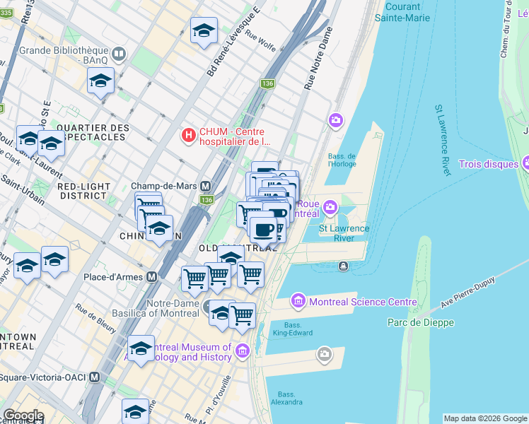 map of restaurants, bars, coffee shops, grocery stores, and more near 437 Rue Saint-Claude in Montréal