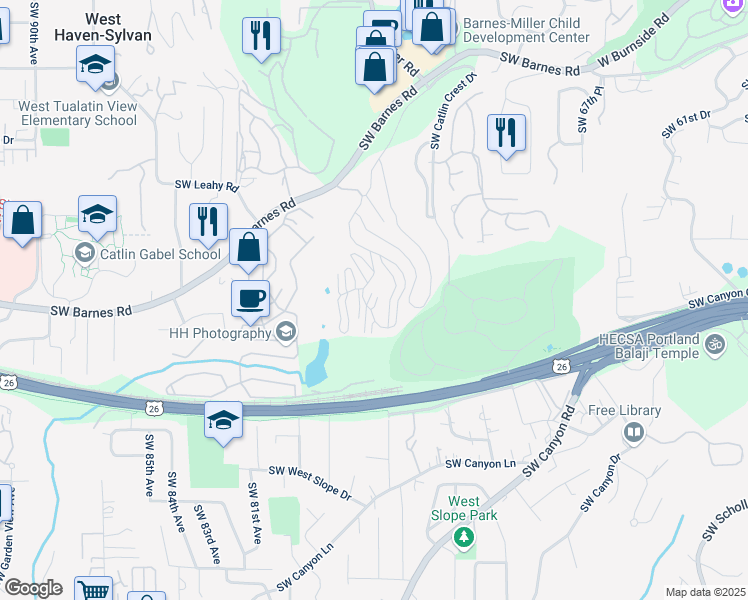 map of restaurants, bars, coffee shops, grocery stores, and more near 7744 Southwest Barnes Road in Portland