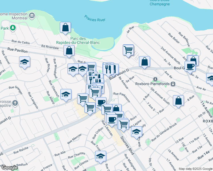 map of restaurants, bars, coffee shops, grocery stores, and more near 11525 Boulevard de Pierrefonds in Montréal