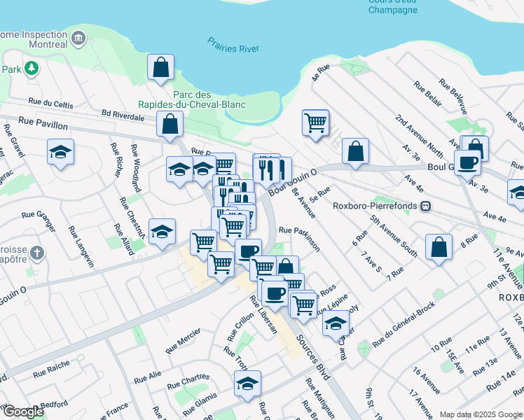 map of restaurants, bars, coffee shops, grocery stores, and more near 11525 Boulevard de Pierrefonds in Montréal