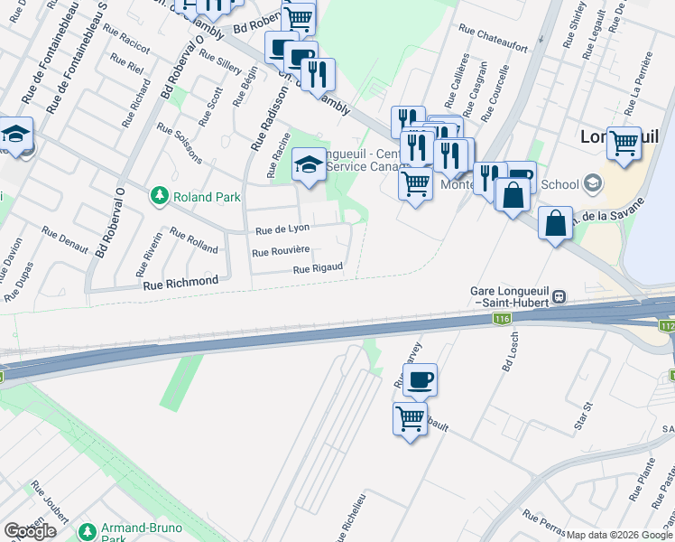 map of restaurants, bars, coffee shops, grocery stores, and more near 3528 Rue Rigaud in Longueuil