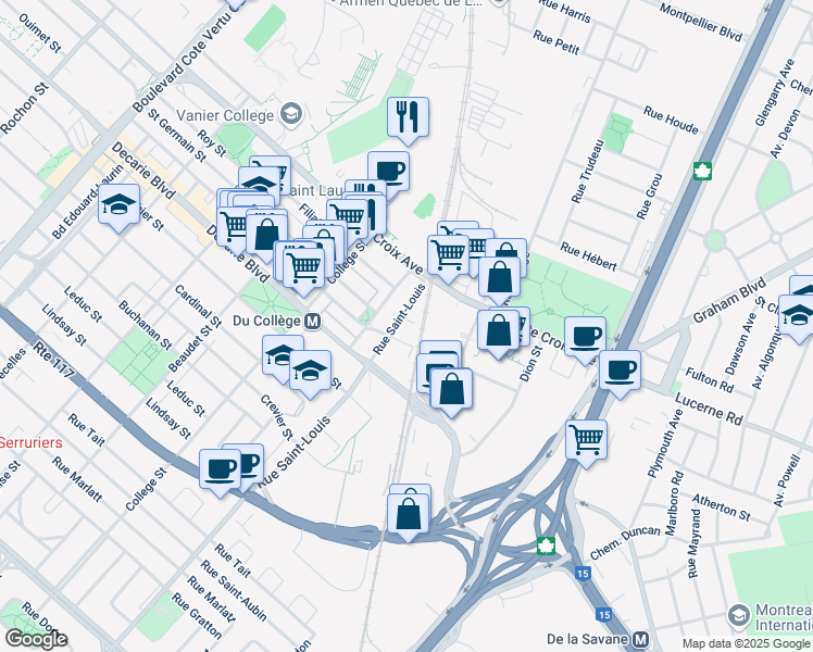 map of restaurants, bars, coffee shops, grocery stores, and more near 1394 Rue Saint-Louis in Montréal