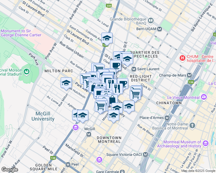 map of restaurants, bars, coffee shops, grocery stores, and more near in Montréal