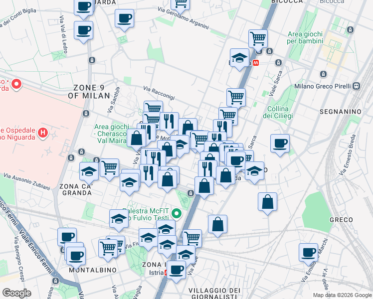 map of restaurants, bars, coffee shops, grocery stores, and more near 64 Viale Giovanni Suzzani in Milan