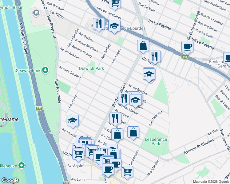 map of restaurants, bars, coffee shops, grocery stores, and more near 390 Avenue de Sanford in Saint-Lambert
