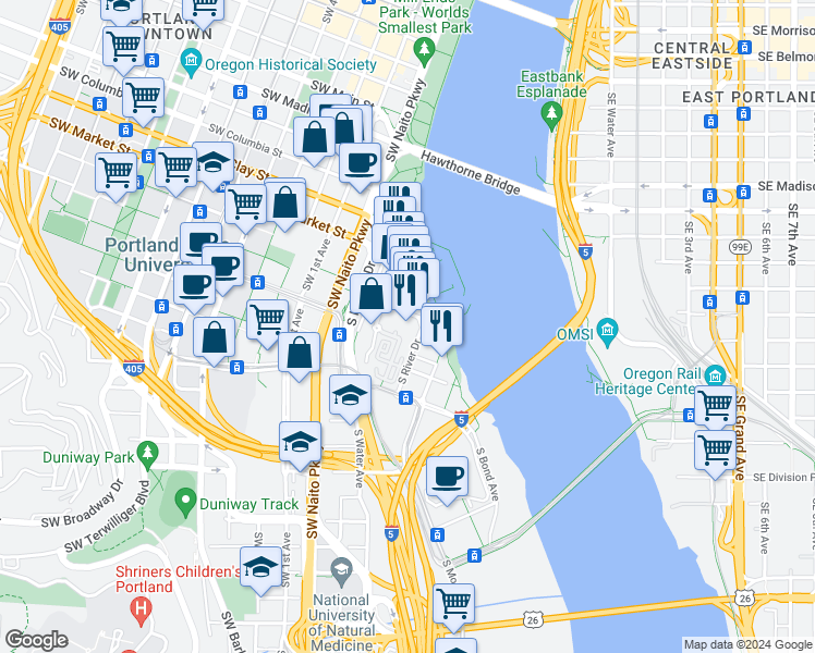 map of restaurants, bars, coffee shops, grocery stores, and more near 1811 Southwest River Drive in Portland