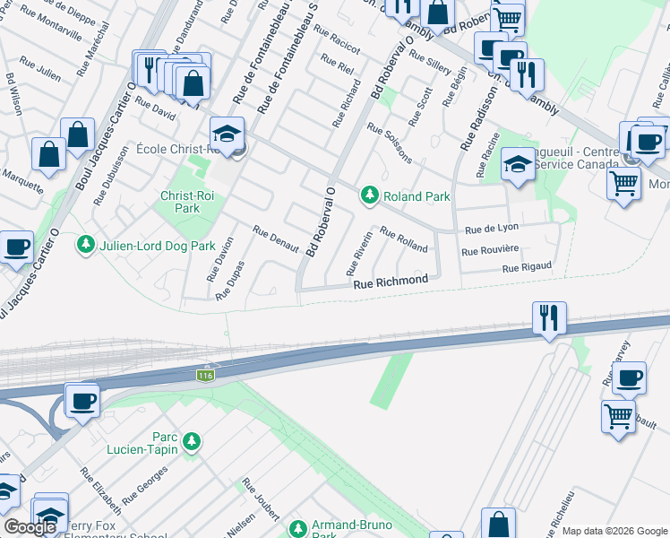 map of restaurants, bars, coffee shops, grocery stores, and more near 764 Rue des Récollets in Longueuil
