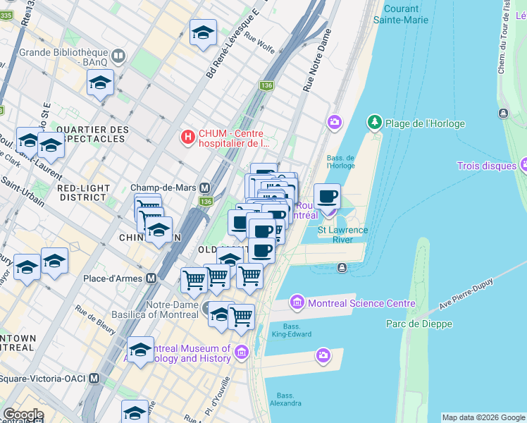 map of restaurants, bars, coffee shops, grocery stores, and more near 439 Rue Saint-Claude in Montréal