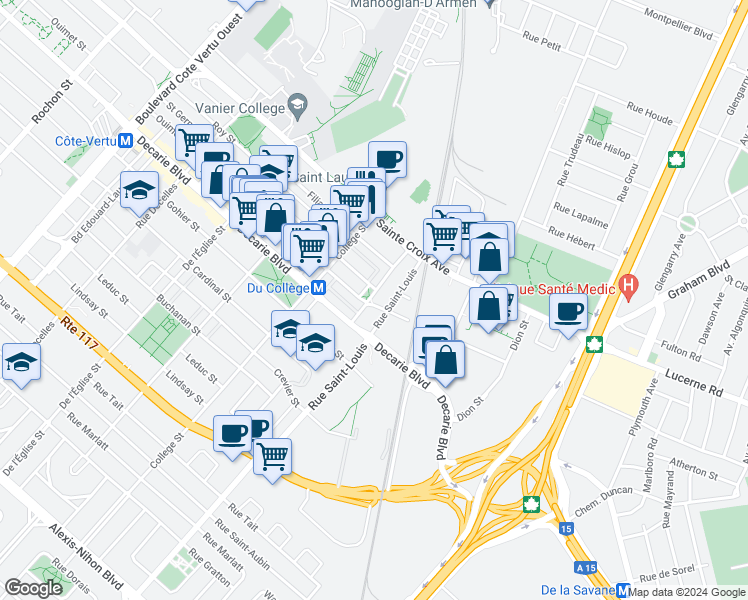 map of restaurants, bars, coffee shops, grocery stores, and more near 1450 Rue Cartier in Montréal