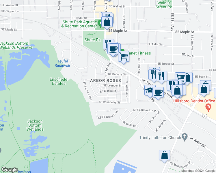 map of restaurants, bars, coffee shops, grocery stores, and more near 1120 South East 11th Avenue in Hillsboro