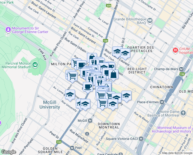 map of restaurants, bars, coffee shops, grocery stores, and more near 256 Rue Sherbrooke Ouest in Montréal
