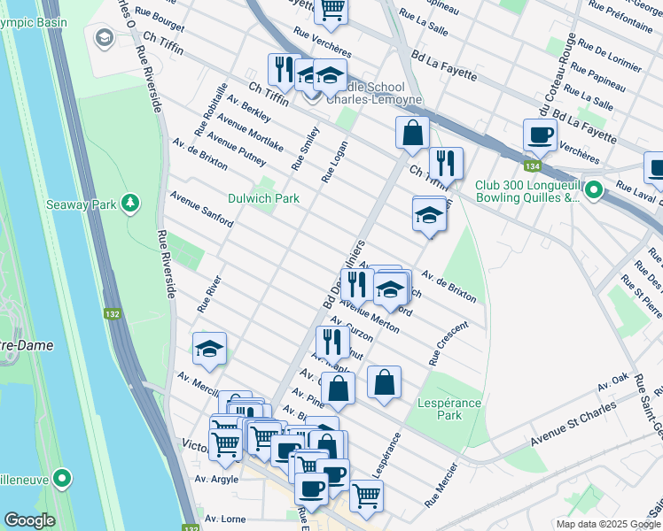 map of restaurants, bars, coffee shops, grocery stores, and more near 390 Avenue de Sanford in Saint-Lambert