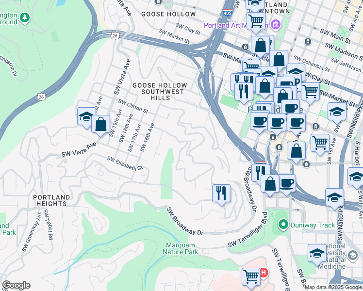 map of restaurants, bars, coffee shops, grocery stores, and more near 1250 Southwest Myrtle Drive in Portland