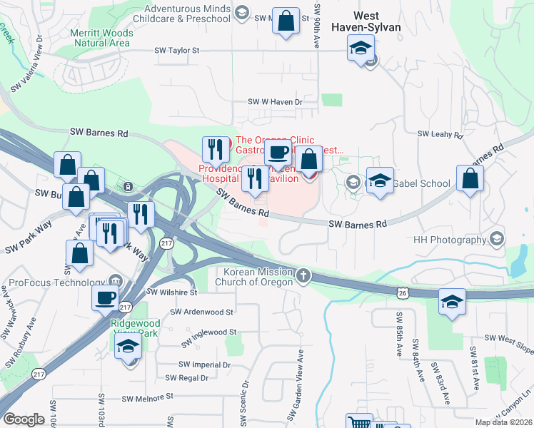 map of restaurants, bars, coffee shops, grocery stores, and more near Southwest Barnes Road in Portland