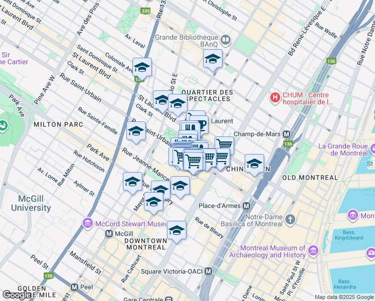 map of restaurants, bars, coffee shops, grocery stores, and more near in Montreal