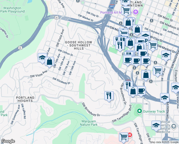 map of restaurants, bars, coffee shops, grocery stores, and more near 1250 Southwest Myrtle Drive in Portland