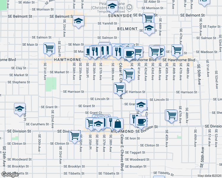 map of restaurants, bars, coffee shops, grocery stores, and more near 3820 Southeast Harrison Street in Portland