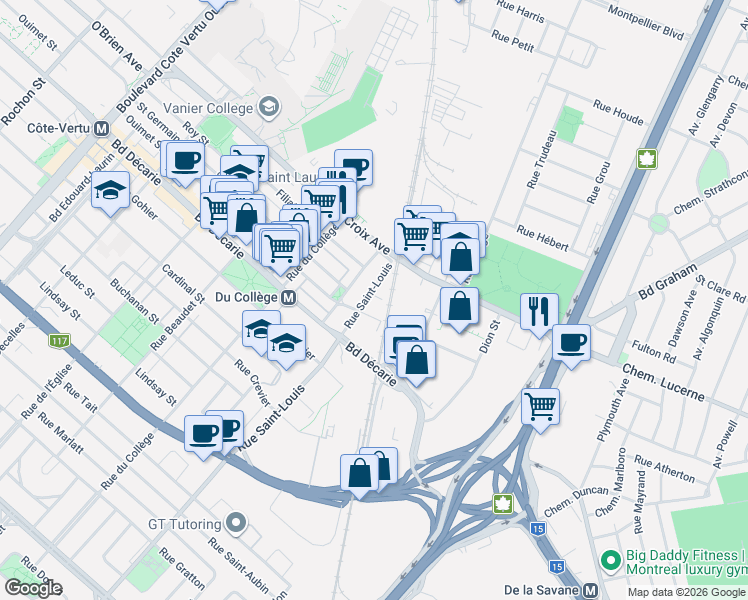 map of restaurants, bars, coffee shops, grocery stores, and more near 1402 Rue Saint-Louis in Montréal