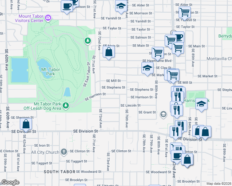 map of restaurants, bars, coffee shops, grocery stores, and more near 6 Southeast 74th Avenue in Portland