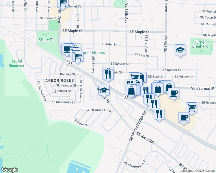 map of restaurants, bars, coffee shops, grocery stores, and more near 1528 Southeast Tualatin Valley Highway in Hillsboro