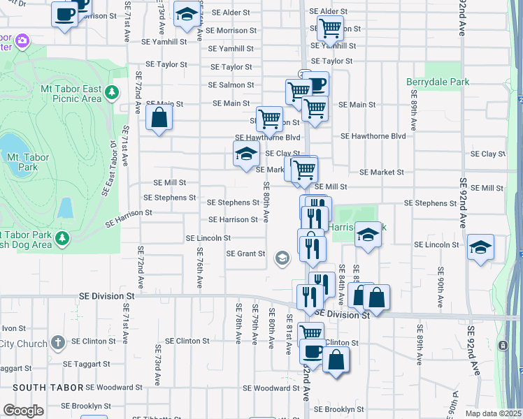 map of restaurants, bars, coffee shops, grocery stores, and more near 7928 Southeast Harrison Street in Portland