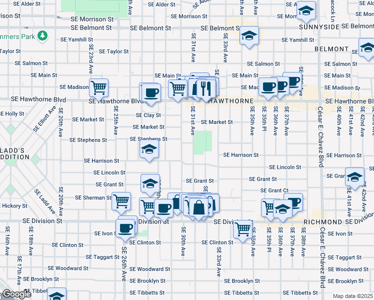 map of restaurants, bars, coffee shops, grocery stores, and more near 3035 Southeast Lincoln Street in Portland