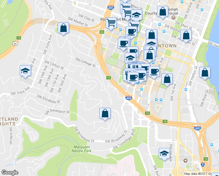 map of restaurants, bars, coffee shops, grocery stores, and more near 1260 Southwest Cardinell Drive in Portland