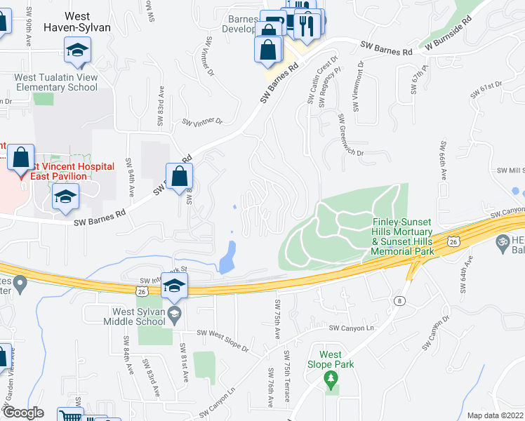 map of restaurants, bars, coffee shops, grocery stores, and more near 7734 Southwest Barnes Road in Portland