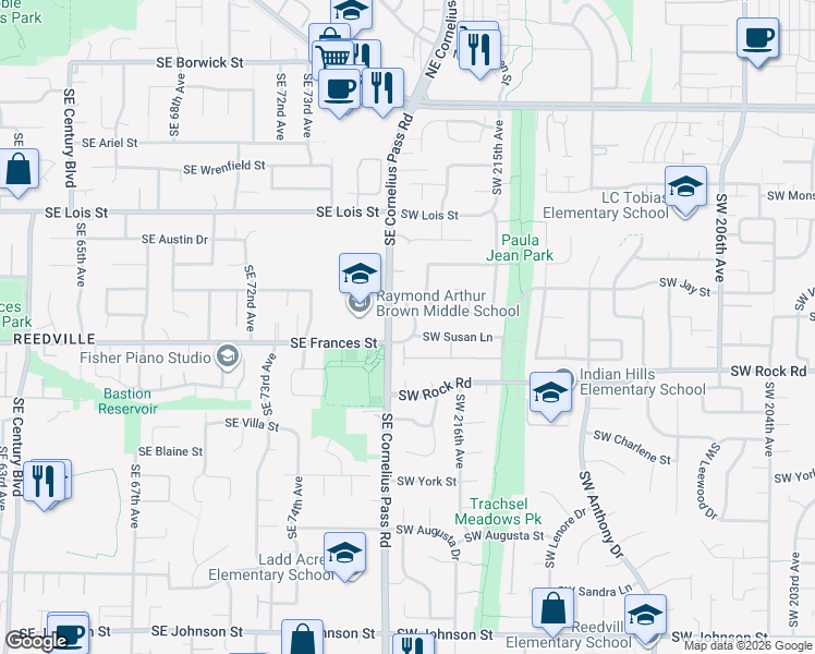 map of restaurants, bars, coffee shops, grocery stores, and more near 21751 Southwest Parkin Lane in Beaverton