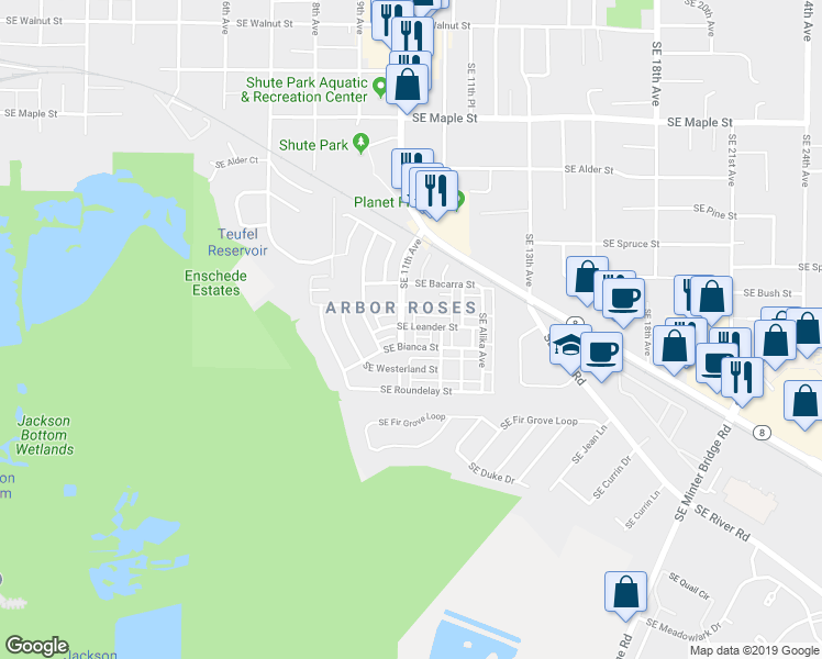 map of restaurants, bars, coffee shops, grocery stores, and more near 1166 Southeast Bianca Street in Hillsboro