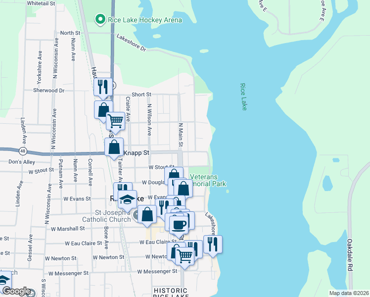 map of restaurants, bars, coffee shops, grocery stores, and more near 16 East Knapp Street in Rice Lake