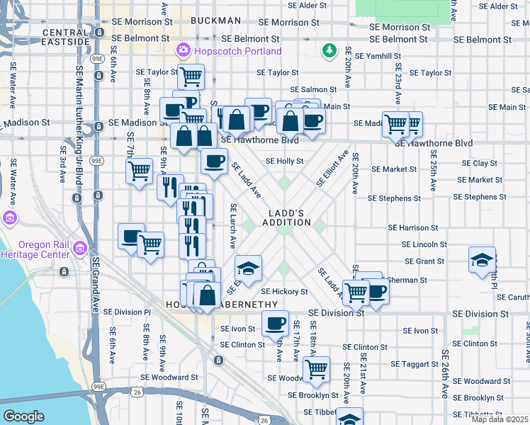 map of restaurants, bars, coffee shops, grocery stores, and more near 1917 Southeast Ladd Avenue in Portland