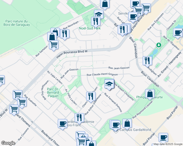 map of restaurants, bars, coffee shops, grocery stores, and more near 4265 Rue Claude-Henri-Grignon in Montréal