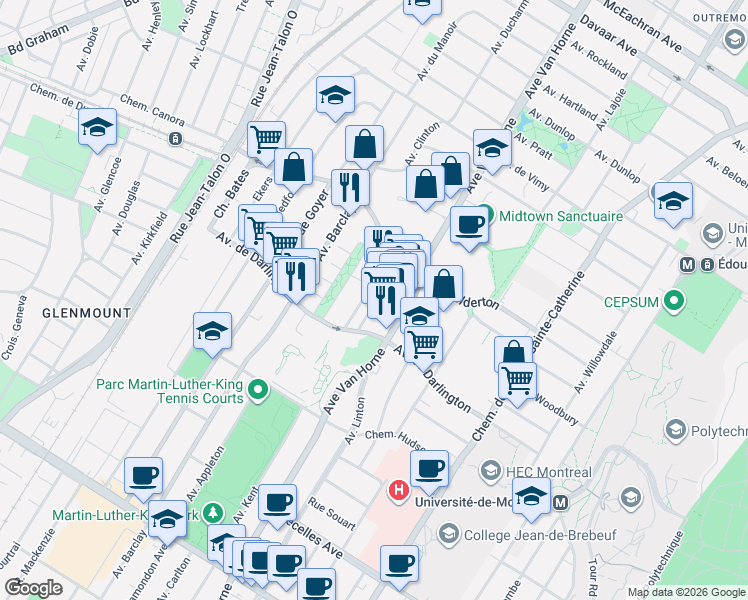 map of restaurants, bars, coffee shops, grocery stores, and more near 2750 Avenue de Kent in Montréal