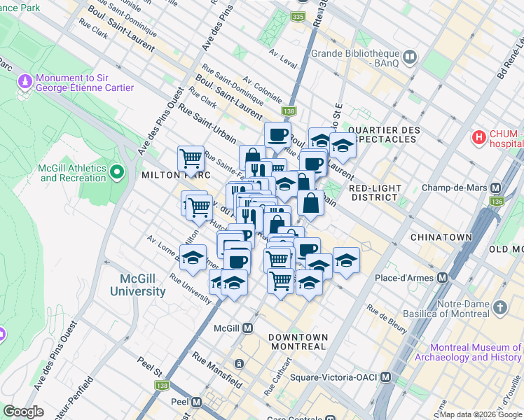map of restaurants, bars, coffee shops, grocery stores, and more near 256 Rue Sherbrooke Ouest in Montréal
