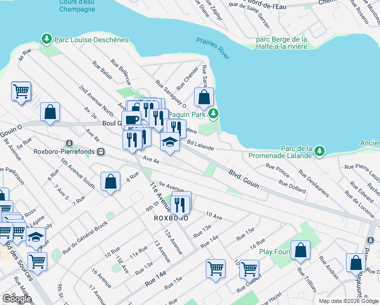 map of restaurants, bars, coffee shops, grocery stores, and more near 10368 Boulevard Gouin Ouest in Montréal