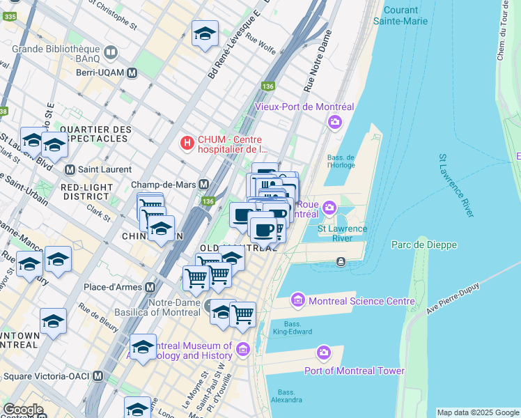 map of restaurants, bars, coffee shops, grocery stores, and more near 445 Rue Saint-Claude in Montréal