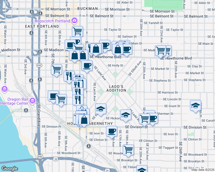 map of restaurants, bars, coffee shops, grocery stores, and more near 1917 Southeast Ladd Avenue in Portland