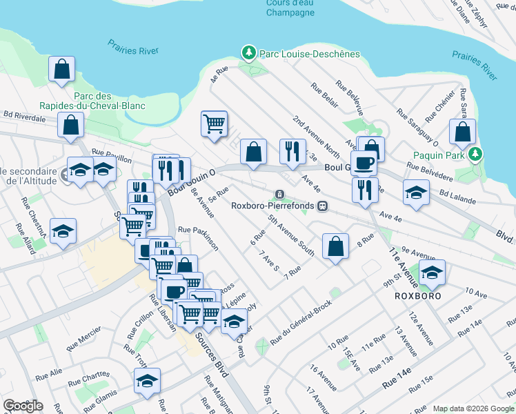 map of restaurants, bars, coffee shops, grocery stores, and more near 20 5e Avenue Sud in Montréal