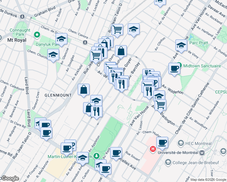 map of restaurants, bars, coffee shops, grocery stores, and more near 2940 Rue Goyer in Montréal