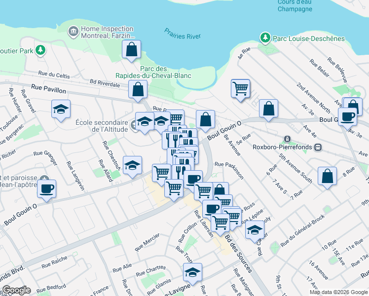 map of restaurants, bars, coffee shops, grocery stores, and more near 11651 Boulevard Gouin Ouest in Montréal