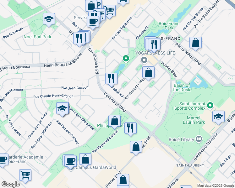 map of restaurants, bars, coffee shops, grocery stores, and more near 2024 Rue Modigliani in Montréal