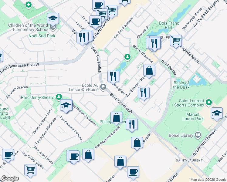 map of restaurants, bars, coffee shops, grocery stores, and more near 14057 Boulevard Cavendish in Montréal