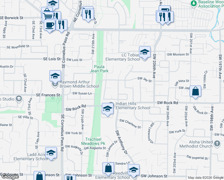 map of restaurants, bars, coffee shops, grocery stores, and more near 21194 Southwest Pamela Court in Aloha