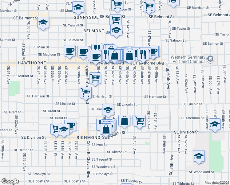 map of restaurants, bars, coffee shops, grocery stores, and more near 1922 Southeast 42nd Avenue in Portland