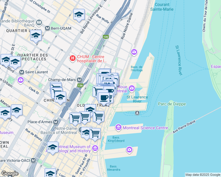 map of restaurants, bars, coffee shops, grocery stores, and more near 343 Rue Saint-Paul East in Montréal