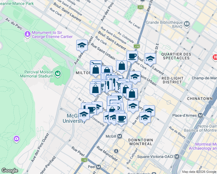 map of restaurants, bars, coffee shops, grocery stores, and more near 3478 Avenue du Parc in Montréal